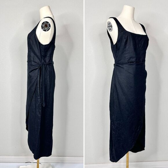 Aritzia Wilfred Saturn Dress Black Organic Linen Wrap Midi 8 Minimalist Classic - Picture 3 of 12